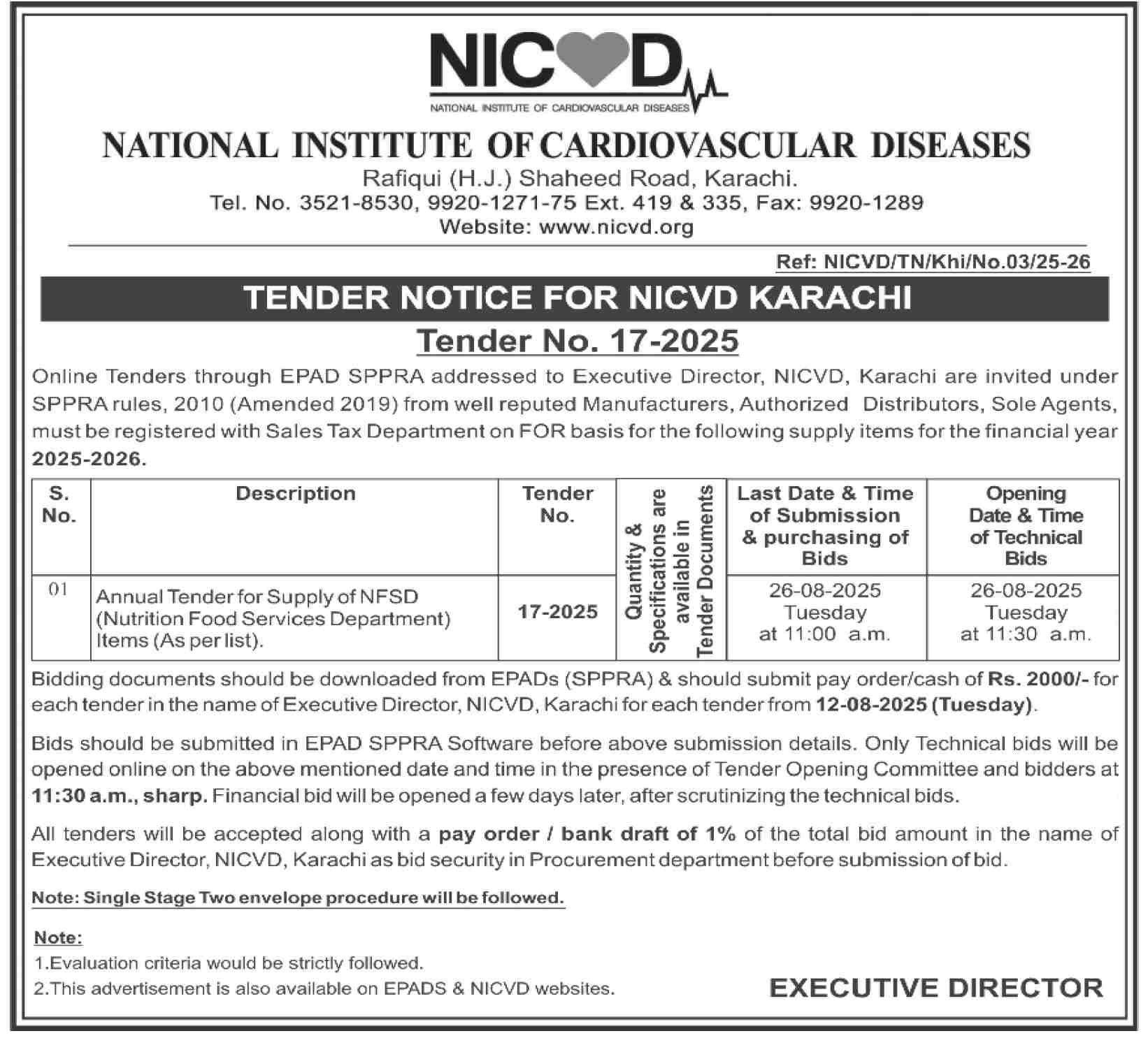 National Institute of Cardiovascular Diseases Karachi Tender Notice